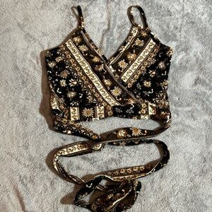 Elegant Floral Wrap Crop Top - Black and Cream